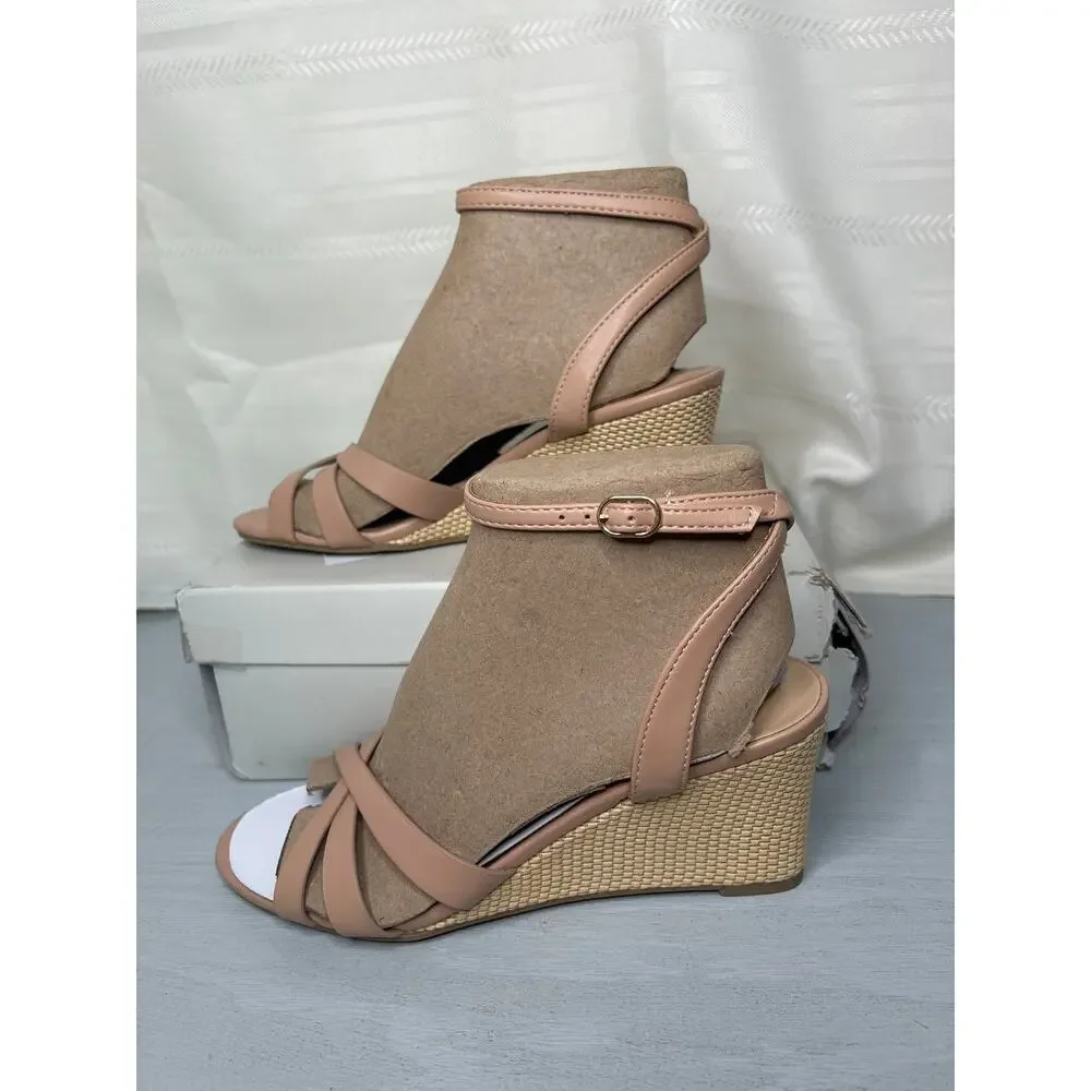 Bandolino Adler Crisscross Ankle Strap Wedge Sandals Natural Size 8M